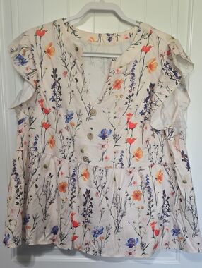 SHEIN Floral Ruffle Sleeve Blouse in Cream with Blue, Orange & Red Flowers